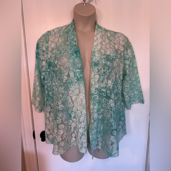 Floral Sheer Southern Lady white and teal Kimono Cardigan Sz  L #1797 - Picture 2 of 7